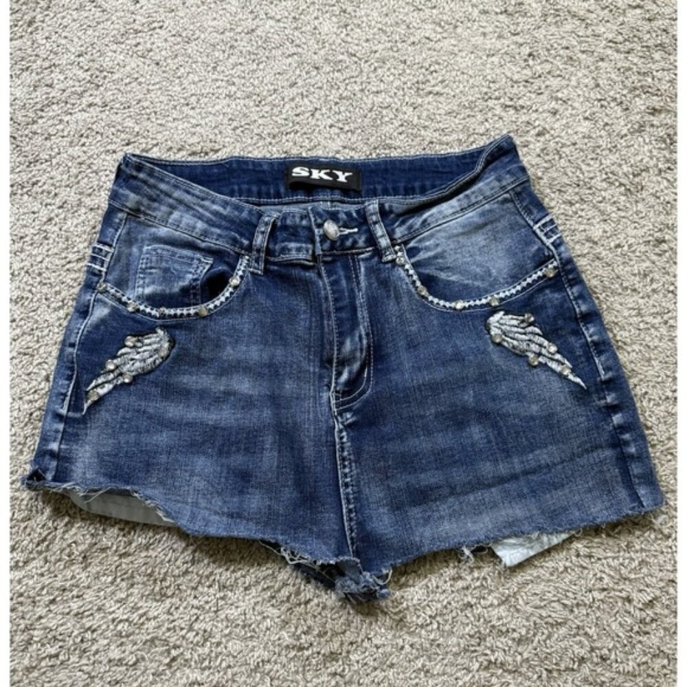 Sky Hand Cut Skull Y2K Denim‎ Jeans Bedazzled Grunge Whimsigoth Dark Goth 11